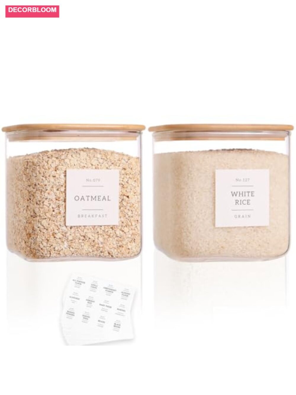 2 PK 85oz Glass Square Food Storage Jars with Bamboo Lids & Labels Airtight